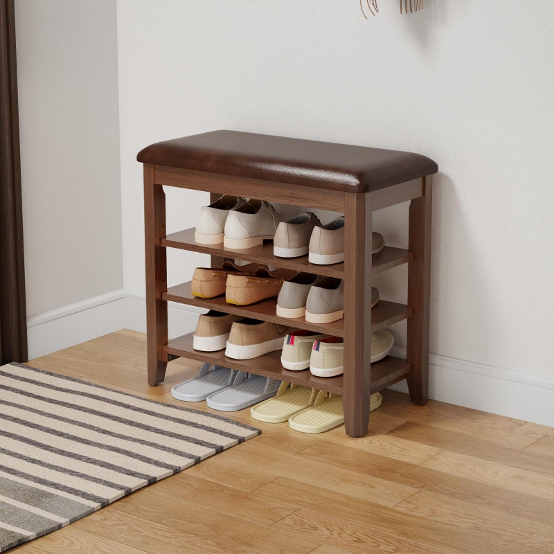AQIMUELE Shoe Bench with Leather Cushion, 3 Tiers Shoe Storage Bench Height Adjustable, Walnut Wood Entryway Bench for Hallway, Mudroom - Image 1