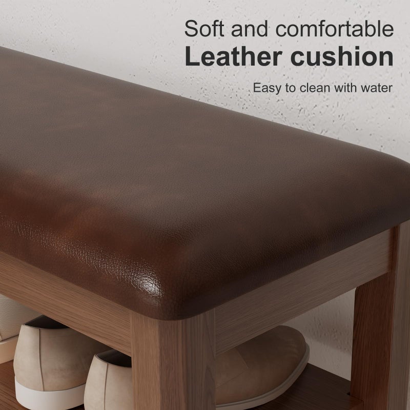 AQIMUELE Shoe Bench with Leather Cushion, 3 Tiers Shoe Storage Bench Height Adjustable, Walnut Wood Entryway Bench for Hallway, Mudroom - Image 4