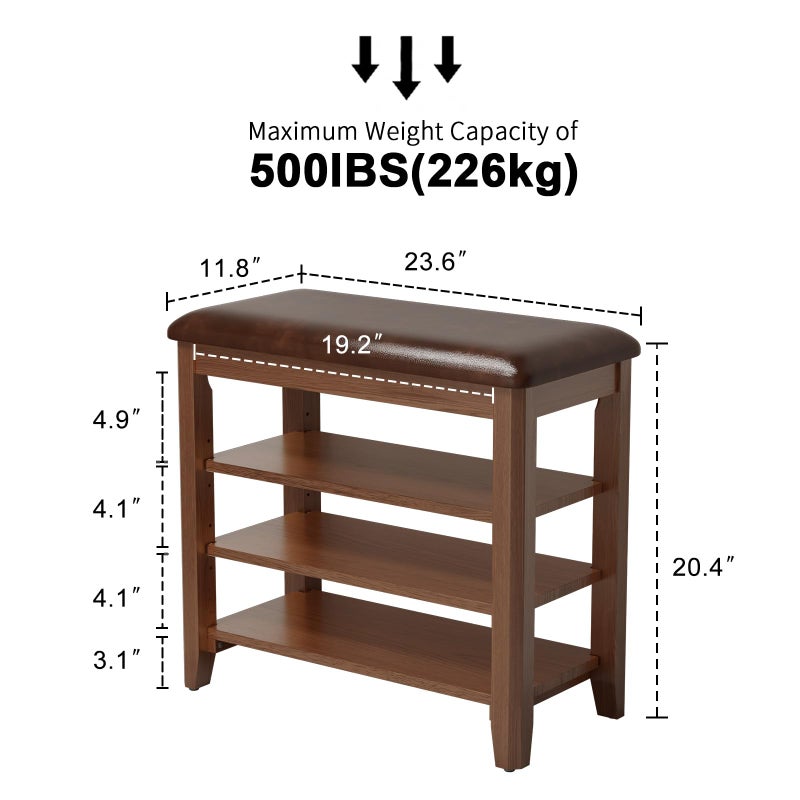 AQIMUELE Shoe Bench with Leather Cushion, 3 Tiers Shoe Storage Bench Height Adjustable, Walnut Wood Entryway Bench for Hallway, Mudroom - Image 2