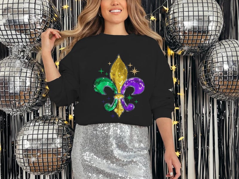 BEIDEFY Mardi Sweatshirt for Women Sequin Fat Tuesday Long Sleeve Shirt New Orleans Carnival Party Pullover Top Black - Image 3