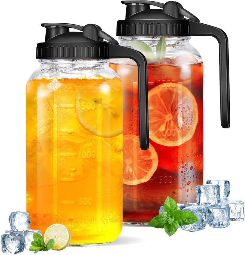 DIBOLASC 2Pack Glass Pitcher - 64 OZ Mason Jar Glass Jug Breast milk Containers, Wide Mouth，Airtight & Leakproof Pitcher with Pour Spout Lids for Water, Juice, Milk, Tea, Iced Coffee - Image 1