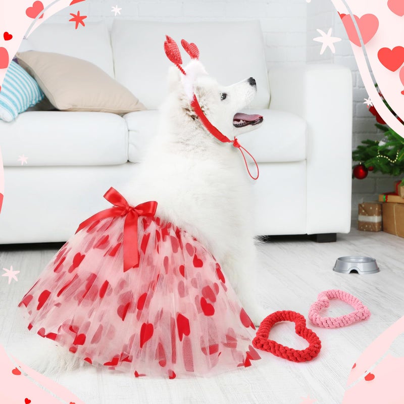 SilTriangle 9 Pcs Valentine's Day Dog Outfit Pet Costume Set Include Heart Headbands, Tutu Skirts & Cotton Rope Heart Shape Toys, Red/White/Pink, 3 Styles - Image 3