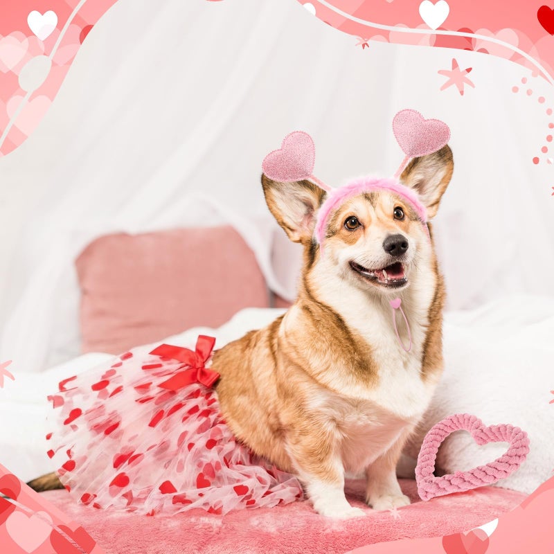 SilTriangle 9 Pcs Valentine's Day Dog Outfit Pet Costume Set Include Heart Headbands, Tutu Skirts & Cotton Rope Heart Shape Toys, Red/White/Pink, 3 Styles - Image 5