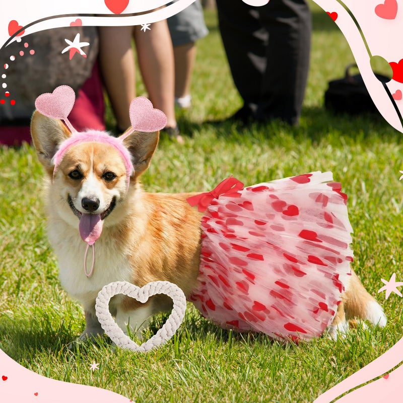SilTriangle 9 Pcs Valentine's Day Dog Outfit Pet Costume Set Include Heart Headbands, Tutu Skirts & Cotton Rope Heart Shape Toys, Red/White/Pink, 3 Styles - Image 4