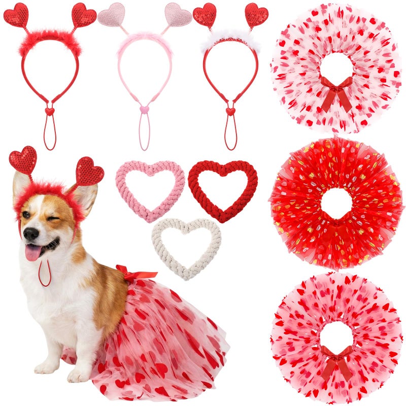 SilTriangle 9 Pcs Valentine's Day Dog Outfit Pet Costume Set Include Heart Headbands, Tutu Skirts & Cotton Rope Heart Shape Toys, Red/White/Pink, 3 Styles - Image 1