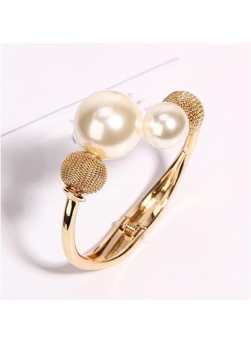 Huitich Elegant Bracelet with Faux Pearls & Textured Beads – Gold Color Tone - Image 2