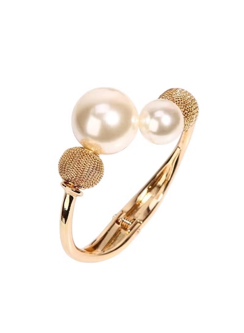 Huitich Elegant Bracelet with Faux Pearls & Textured Beads – Gold Color Tone - Image 1