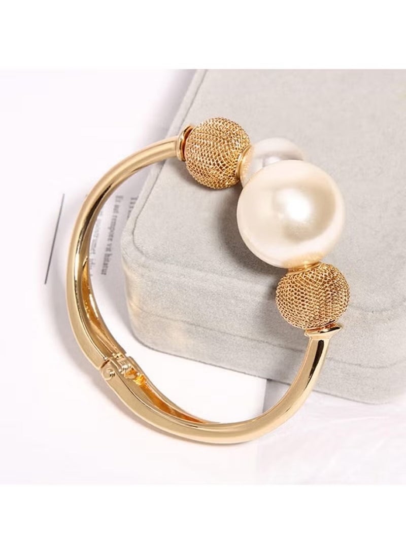 Huitich Elegant Bracelet with Faux Pearls & Textured Beads – Gold Color Tone - Image 4