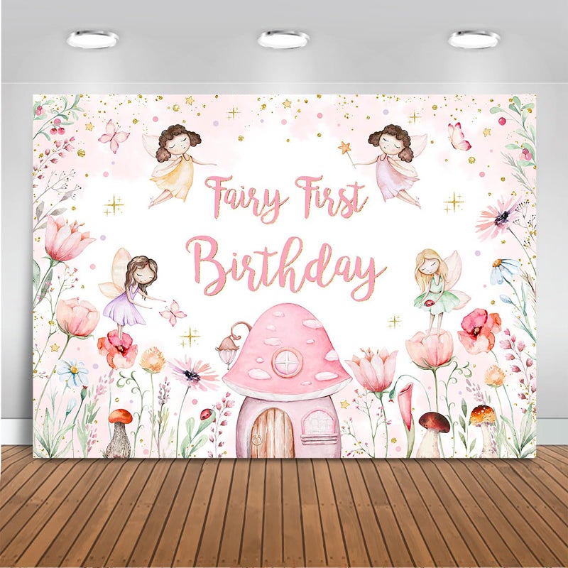 Mocsicka Fairy First Birthday Backdrop for Girl Pink Flowers Our Little Fairy is Turning One Photography Background Spring Magical Princess Fairy Birthday Party Decorations (Pink, 7x5ft(82''x60'')) - Image 1