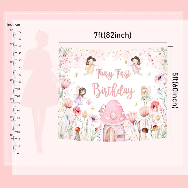 Mocsicka Fairy First Birthday Backdrop for Girl Pink Flowers Our Little Fairy is Turning One Photography Background Spring Magical Princess Fairy Birthday Party Decorations (Pink, 7x5ft(82''x60'')) - Image 3