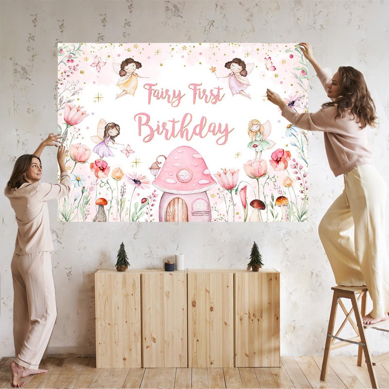 Mocsicka Fairy First Birthday Backdrop for Girl Pink Flowers Our Little Fairy is Turning One Photography Background Spring Magical Princess Fairy Birthday Party Decorations (Pink, 7x5ft(82''x60'')) - Image 5