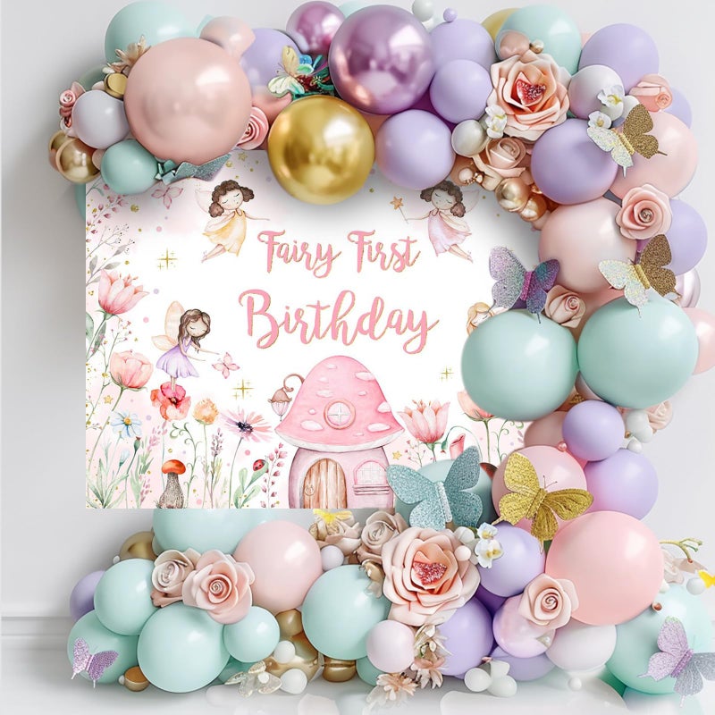 Mocsicka Fairy First Birthday Backdrop for Girl Pink Flowers Our Little Fairy is Turning One Photography Background Spring Magical Princess Fairy Birthday Party Decorations (Pink, 7x5ft(82''x60'')) - Image 4