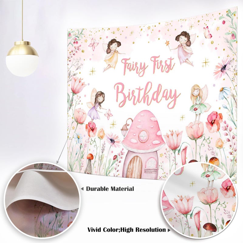 Mocsicka Fairy First Birthday Backdrop for Girl Pink Flowers Our Little Fairy is Turning One Photography Background Spring Magical Princess Fairy Birthday Party Decorations (Pink, 7x5ft(82''x60'')) - Image 2