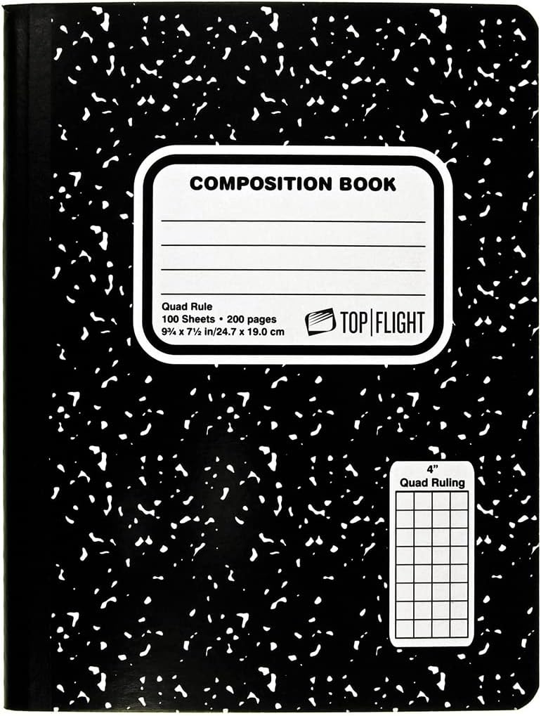 Top Flight Sewn Marble Composition Book, Black/White, Quad Rule, 4 Squares per Inch, 9.75 x 7.5 Inches, 100 Sheets (41320) - Image 1