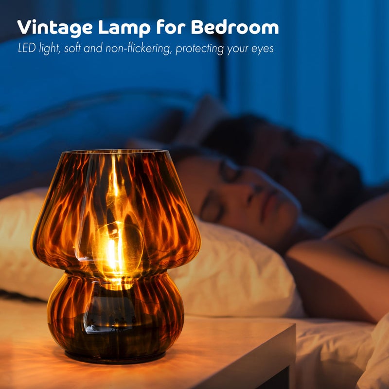 ULAROOM Battery Operated Mushroom Lamp - Vintage Small Table Lamp with Timer, Cordless Bedside Nightstand Lamp, Glass Battery Powered Lamp for Bedroom Kitchen Living Room Shelf Decor Aesthetic Amber - Image 3
