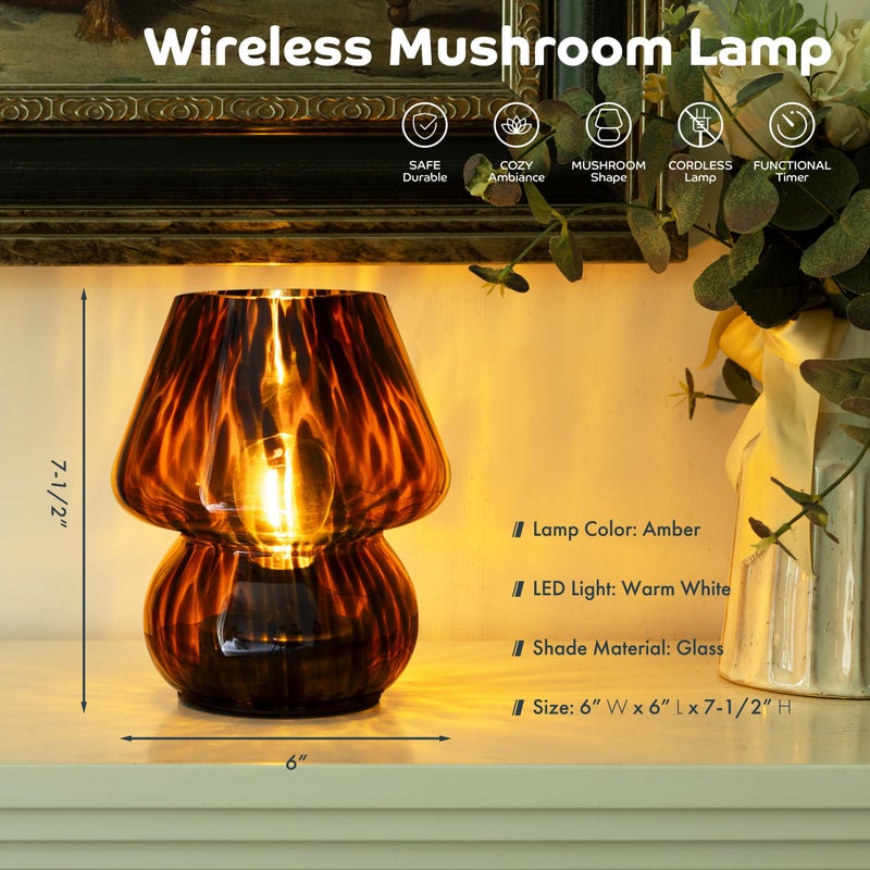 ULAROOM Battery Operated Mushroom Lamp - Vintage Small Table Lamp with Timer, Cordless Bedside Nightstand Lamp, Glass Battery Powered Lamp for Bedroom Kitchen Living Room Shelf Decor Aesthetic Amber - Image 2