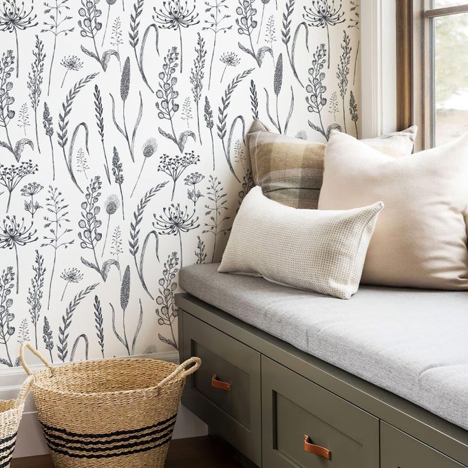 PEEL AND STICK WALLPAPER FARMHOUSE VINTAGE FLORAL CONTACT PAPER WHEAT MEADOW REMOVABLE SELF ADHESIVE WALLPAPER BLACK AND WHITE 142 SQFT