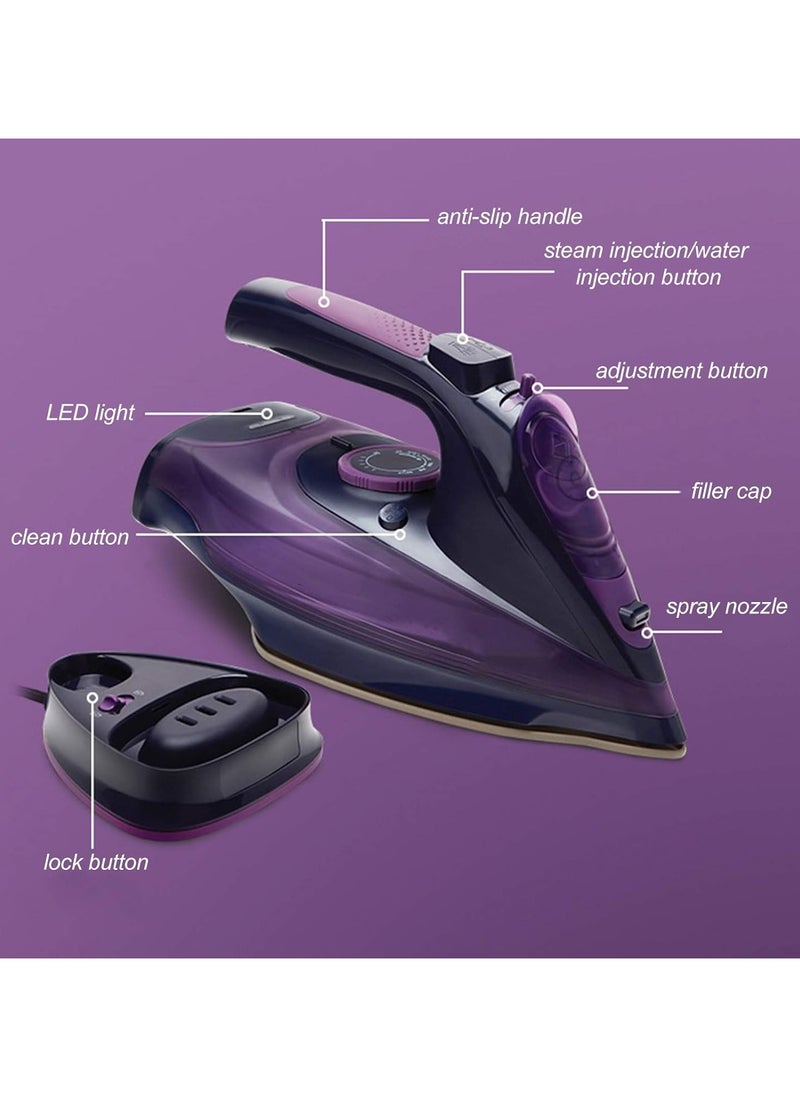 Generic - Cordless Iron,Steam Iron 2400W,Lightweight Portable Steam-Dry Iron for Clothes,Non-Stick Soleplate Home Steam Iron,Anti-drip Iron,Steam Control System,360mL Water Tank(UK Plug) Purple - Image 1