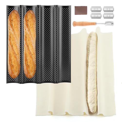 QWLWBU 5 Pcs Baguett-e Bread Pan Set,Nonstick 4-Slot Perforated French Breads Baking Pans with Proofing Cloth,Dough Cutter Kit for Home Baker,Baguett-e Tray,15x12 Inch Black Bread Pan - Image 1