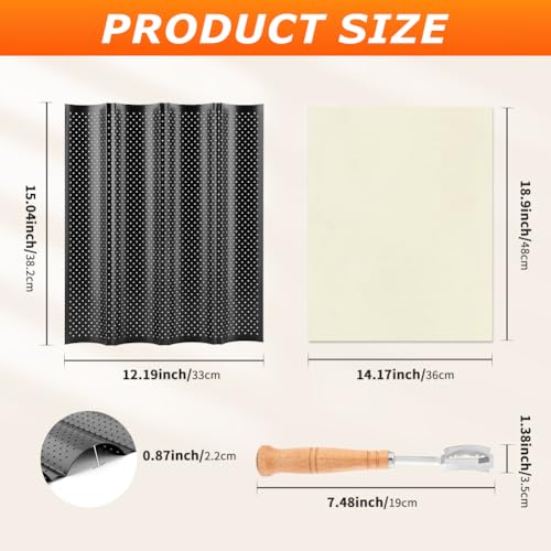QWLWBU 5 Pcs Baguett-e Bread Pan Set,Nonstick 4-Slot Perforated French Breads Baking Pans with Proofing Cloth,Dough Cutter Kit for Home Baker,Baguett-e Tray,15x12 Inch Black Bread Pan - Image 2