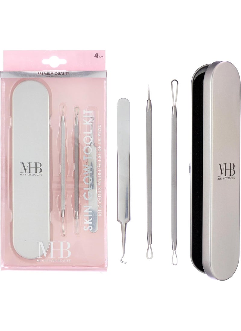 Expressions Expressions 4pc Skin Glow Tool Kit - Professional Blackhead Removal Set with Stainless Steel Facial Tools and Storage Case | Esthetician Supplies, Acne Tools Extractor Kit 