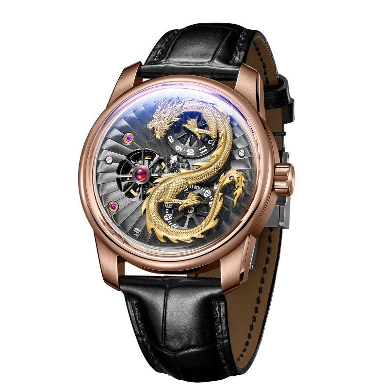OBLVLO Chinese Dragon Limited Edition Automatic Mechanical Watch for Men with Luminous Hands and Relief Dragon Design - Rose Shell Golden Dragon - Image 1