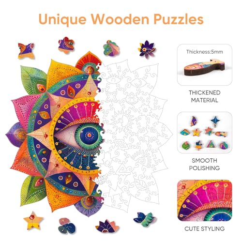 Mys Aurora Mandala Evil Eye Wooden Puzzles for Adults Spiritual Design for Meditation Home Decor Family Game Gift Idea 200 Piece Jigsaw Puzzle 112 x 108 - Image 5