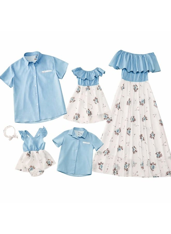PopReal Family Matching Outfits Mommy and Me Dresses - Floral Dress Summer Men Boy Shirts Matching Sets for Beach Vacation, Blue-girl, 6-7 years - Image 1