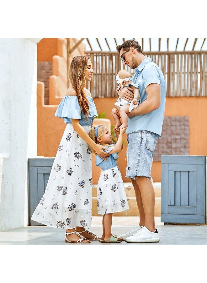 PopReal Family Matching Outfits Mommy and Me Dresses - Floral Dress Summer Men Boy Shirts Matching Sets for Beach Vacation, Blue-girl, 6-7 years - Image 3