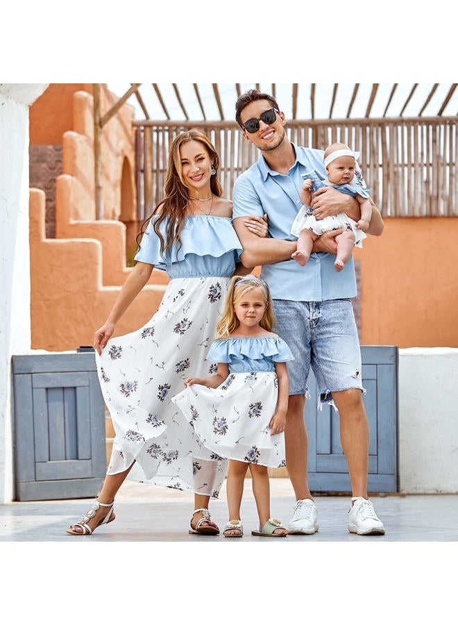 PopReal Family Matching Outfits Mommy and Me Dresses - Floral Dress Summer Men Boy Shirts Matching Sets for Beach Vacation, Blue-girl, 6-7 years - Image 2