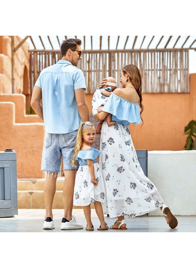 PopReal Family Matching Outfits Mommy and Me Dresses - Floral Dress Summer Men Boy Shirts Matching Sets for Beach Vacation, Blue-girl, 6-7 years - Image 4
