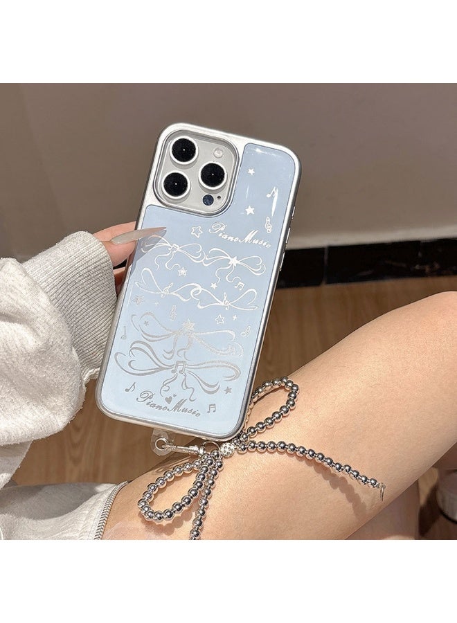 NIBEMINENT Young Girl Blue Bow Protective TPU Case Cover For iPhone 14 Plus, Joyful Musical Notes Bow Tie / With Pendant - Image 2