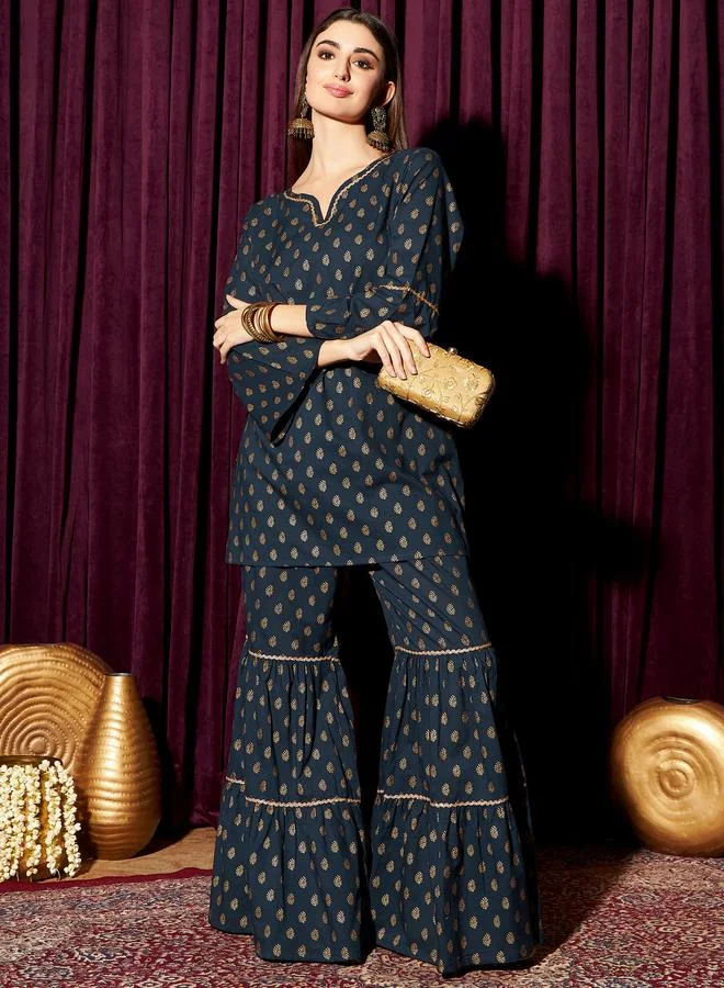 STREET 9 STREET 9 Printed Pure Cotton Straight Kurta with Sharara Set