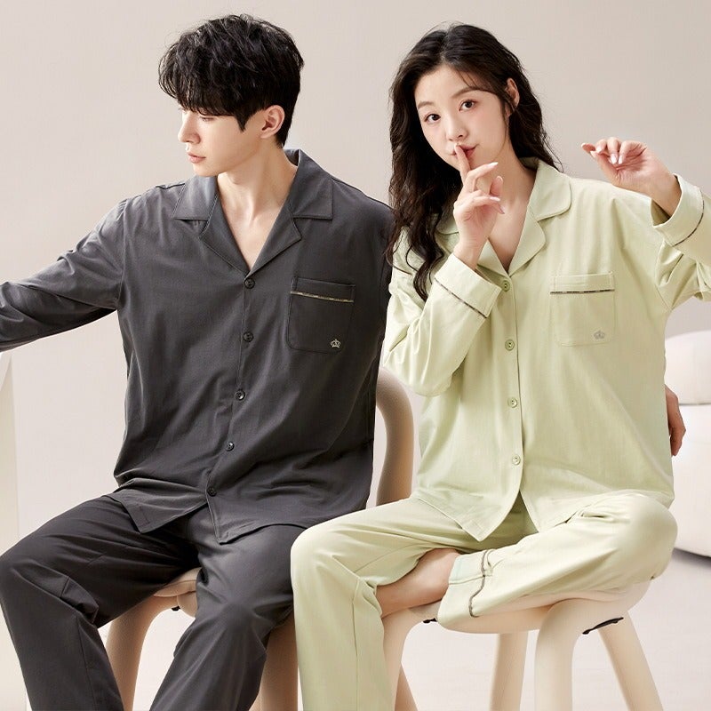 Couple Pajamas Spring/Autumn Long Sleeve Cardigan Set - Cotton, High-End Polo Collar