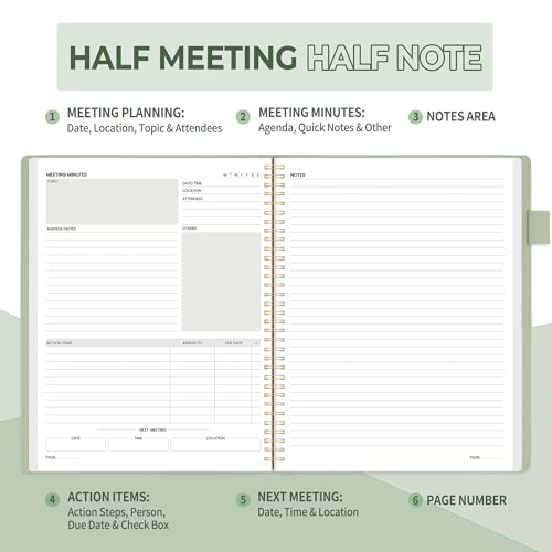 SUNEE Half Meeting Half Note - 8.5"x11" Professional Notebooks for Work - 160 Pages, A4 Size Project Planner, Spiral Meeting Agenda Organizer for Women Men, Note Taking,Office with Vegan Leather Cover - Image 2
