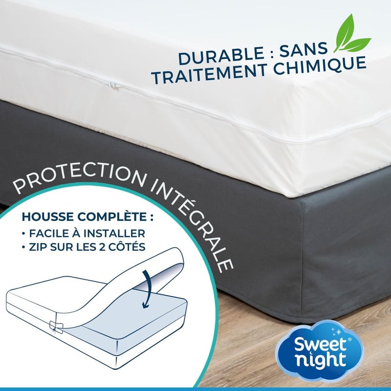 SWEET NIGHT غطاء فرشة SWEET NIGHT مقاوم للماء 135 × 200 سم | حماية مضادة لبق الفراش والعث | فرشة مجددة | سحاب | بدون معالجة كيميائية | ارتفاع الحافة حتى 25 سم سهل الالتقاط والاستخدام - Image 5