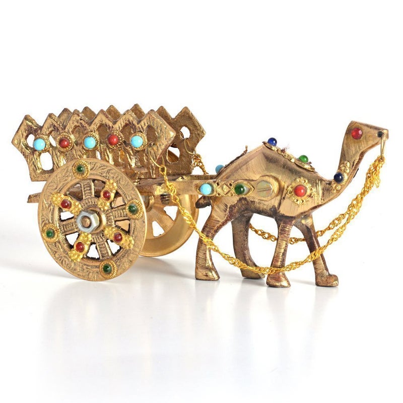 Paartha Saarthi Paartha Saarthi Rajasthani Antique Decorative Handcrafted Vintage Brass Miniature Working Hand Pump with Traditional Gemstone Studded Movable Camel Cart Showpiece  - Image 3