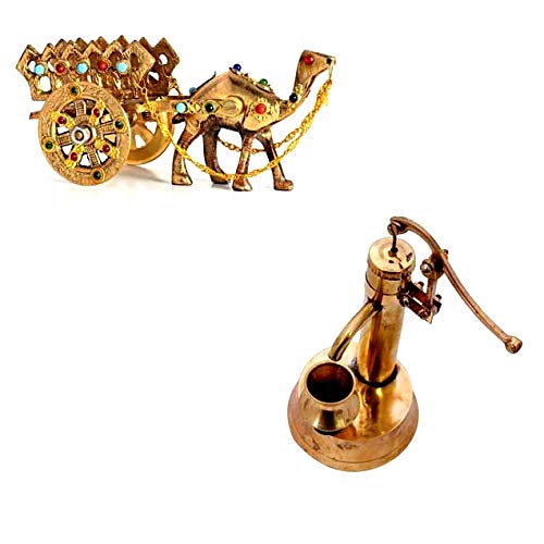 Paartha Saarthi Paartha Saarthi Rajasthani Antique Decorative Handcrafted Vintage Brass Miniature Working Hand Pump with Traditional Gemstone Studded Movable Camel Cart Showpiece  - Image 1