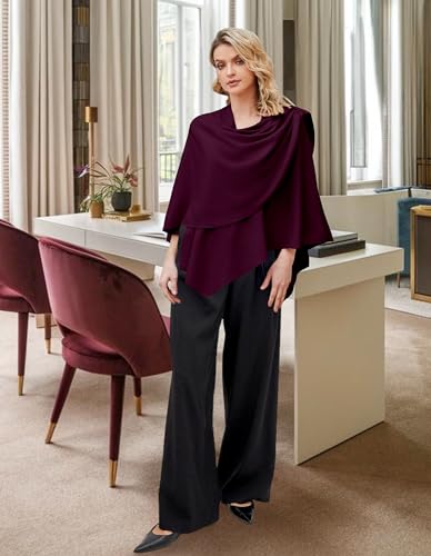 PULI Womens Burgundy Large Cross Front Poncho Sweater Wrap Topper Knitted Elegant Shawls Cape for Fall Winter - Image 2