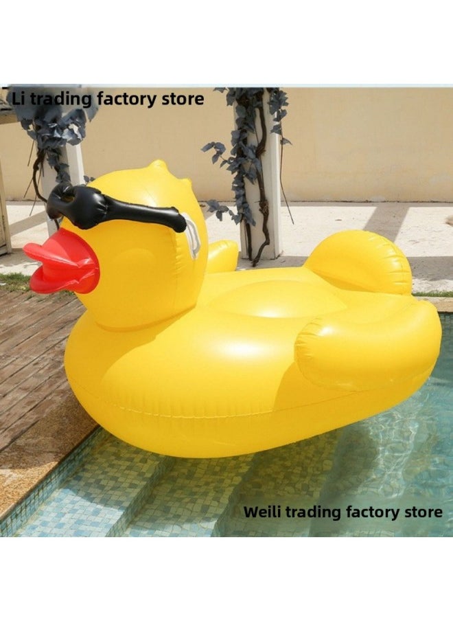 Summer Vacation Floating Row Water Inflatable Big Yellow Duck Swimming Ring Mount Extra Large Thickened Duck Swimming Ring Universal For Adults-Inflated Inner Diameter:Crown Floating Row + Hand-operated Air Pump
