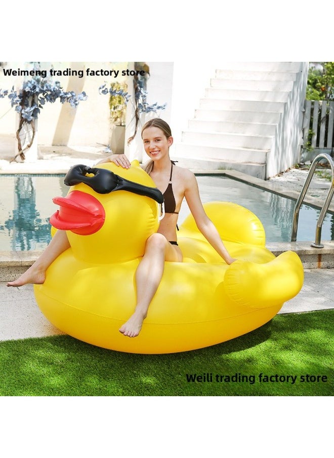 Summer Vacation Floating Row Water Inflatable Big Yellow Duck Swimming Ring Mount Extra Large Thickened Duck Swimming Ring Universal For Adults-Inflated Inner Diameter:Crown Floating Row + Hand-operated Air Pump