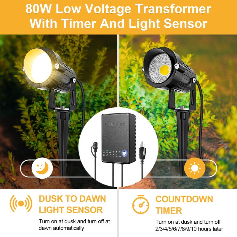 ZUCKEO All-in-One Low Voltage Landscape Lighting Kit, 5W LED Landscape Lights with Transformer, 120FT Wire and Connectors, Waterproof Outdoor Spotlight for Yard Garden House, 3000K 12V-24V, 12Pack - Image 2