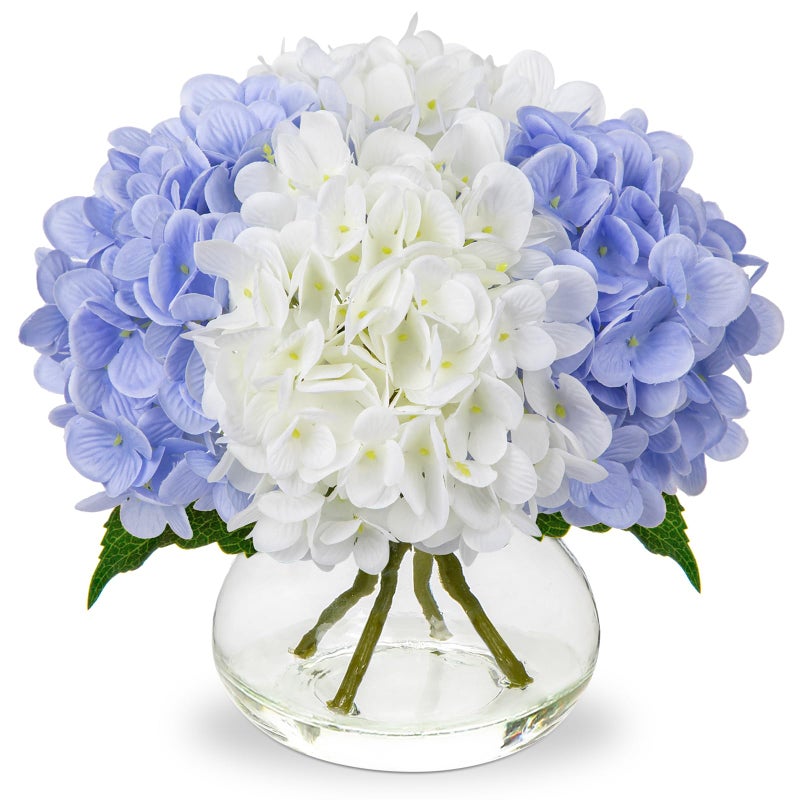 Hollyone Hydrangea Artificial Flowers with Vase White Blue Silk Fake Flowers Arrangements in Glass Vase with Faux Water Faux Floral Bulk Bouquet Bathroom Table Centerpiece Shelf Home Decor - Image 2