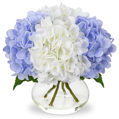 Hollyone Hydrangea Artificial Flowers with Vase White Blue Silk Fake Flowers Arrangements in Glass Vase with Faux Water Faux Floral Bulk Bouquet Bathroom Table Centerpiece Shelf Home Decor - Image 1