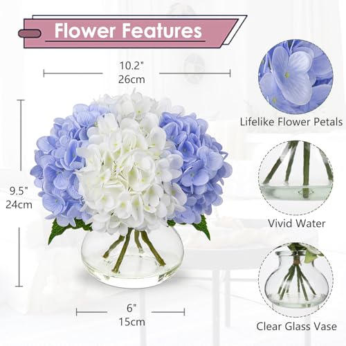 Hollyone Hydrangea Artificial Flowers with Vase White Blue Silk Fake Flowers Arrangements in Glass Vase with Faux Water Faux Floral Bulk Bouquet Bathroom Table Centerpiece Shelf Home Decor - Image 3