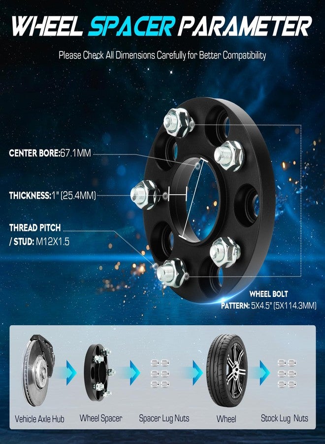 ILONPA 4pcs 5x4.5 1 inch (25.4mm) Hubcentric Wheel Spacers with 67.1mm Bore for Hyundai Elantra Veloster Sonata Santa Fe, Genesis Coupe, Mazda 5 MX-5, 5x114.3 M12x1.5 Thread 5 Lugs Wheel Adapters - Image 2