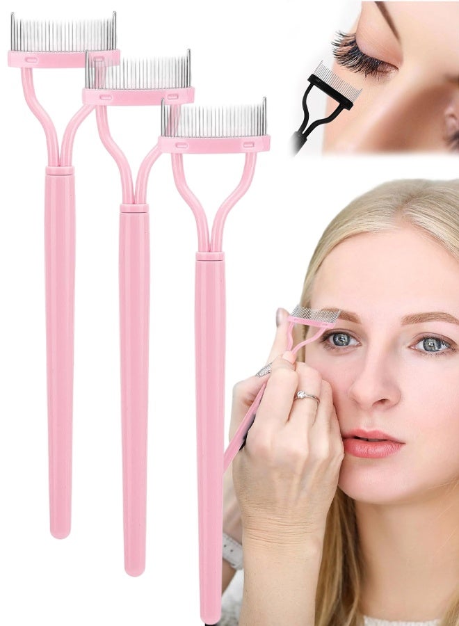3 PCS Stainless Steel Eyelash Comb, Pink Long Handle Arc Eyelash Separator, Mascara Definer Applicator with Cover - Image 1