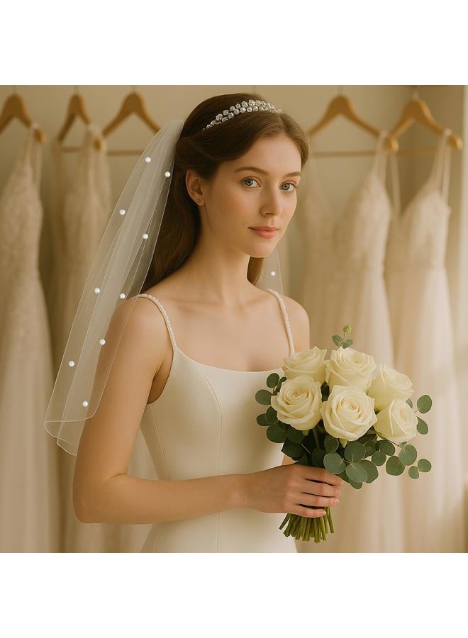 IKUHRMO Pearls Wedding Veil, Elegant Tulle Bridal Veil with Comb, Bridal Accessory for Wedding Day or Bachelorette Party - Image 5