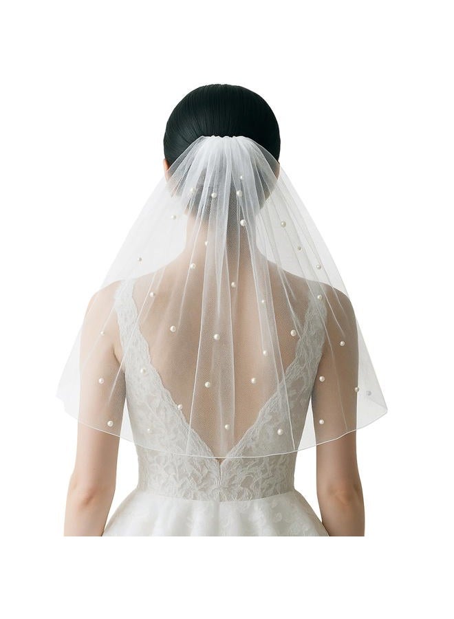 IKUHRMO Pearls Wedding Veil, Elegant Tulle Bridal Veil with Comb, Bridal Accessory for Wedding Day or Bachelorette Party - Image 1