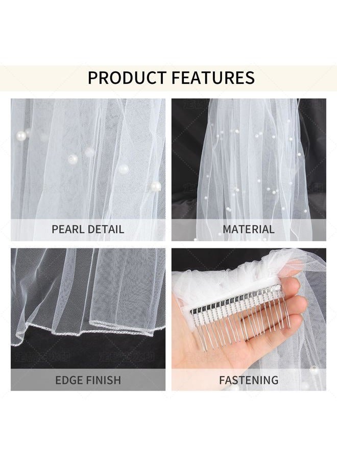 IKUHRMO Pearls Wedding Veil, Elegant Tulle Bridal Veil with Comb, Bridal Accessory for Wedding Day or Bachelorette Party - Image 3